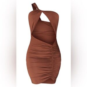 PrettyLittleThing Brown Asymmetrical Ruched Bodycon Dress